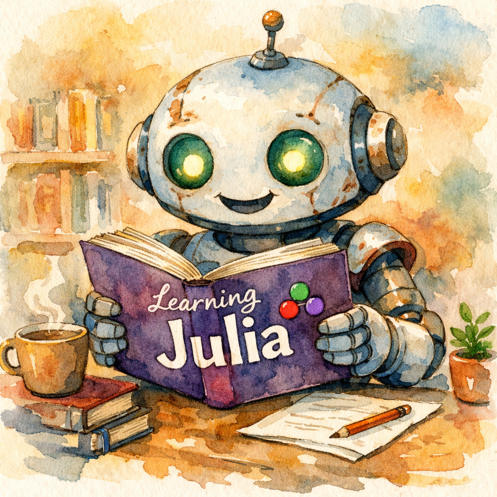 Generated image: A watercolor painting of a friendly robot reading a Julia programming book